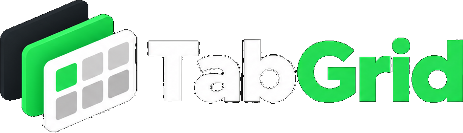 Tabgrid white and green wordmark for dark backgrounds
